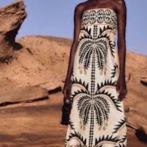 Elegant Black and White Strapless Dress Bandeau Palm Print